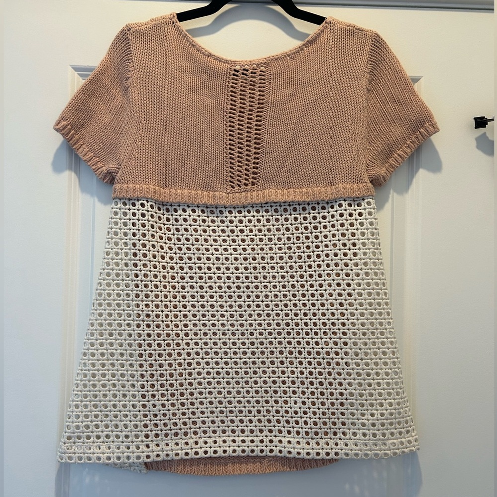 Moth Anthropologie Madeira blush  Pink Short Sleeve Sweater Knit Top Crochet - Picture 3 of 4